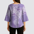 Aotearoa Maori Koru Curves Kimono Sleeve Blouse Silver Ferns - Amethyst