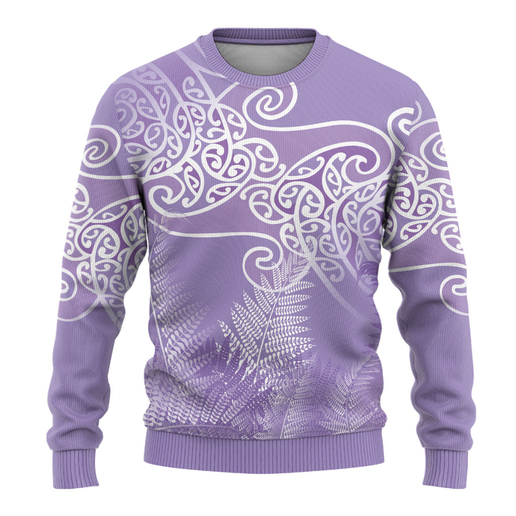 Aotearoa Maori Koru Curves Ugly Christmas Sweater Silver Ferns - Amethyst