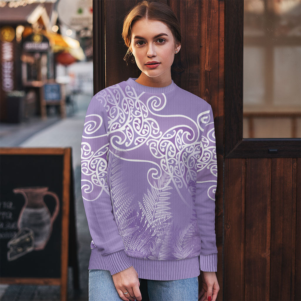 Aotearoa Maori Koru Curves Ugly Christmas Sweater Silver Ferns - Amethyst