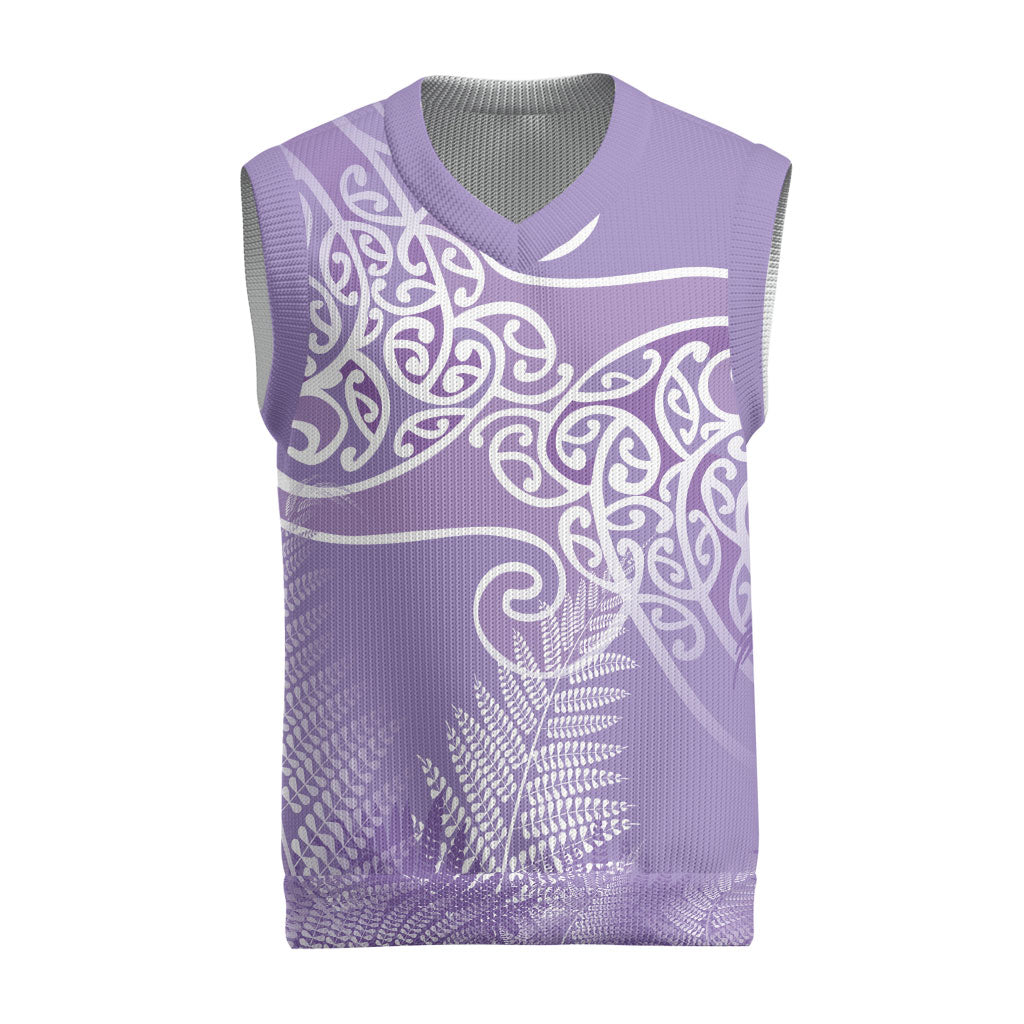 Aotearoa Maori Koru Curves Christmas Knitted V-Neck Vest Silver Ferns - Amethyst