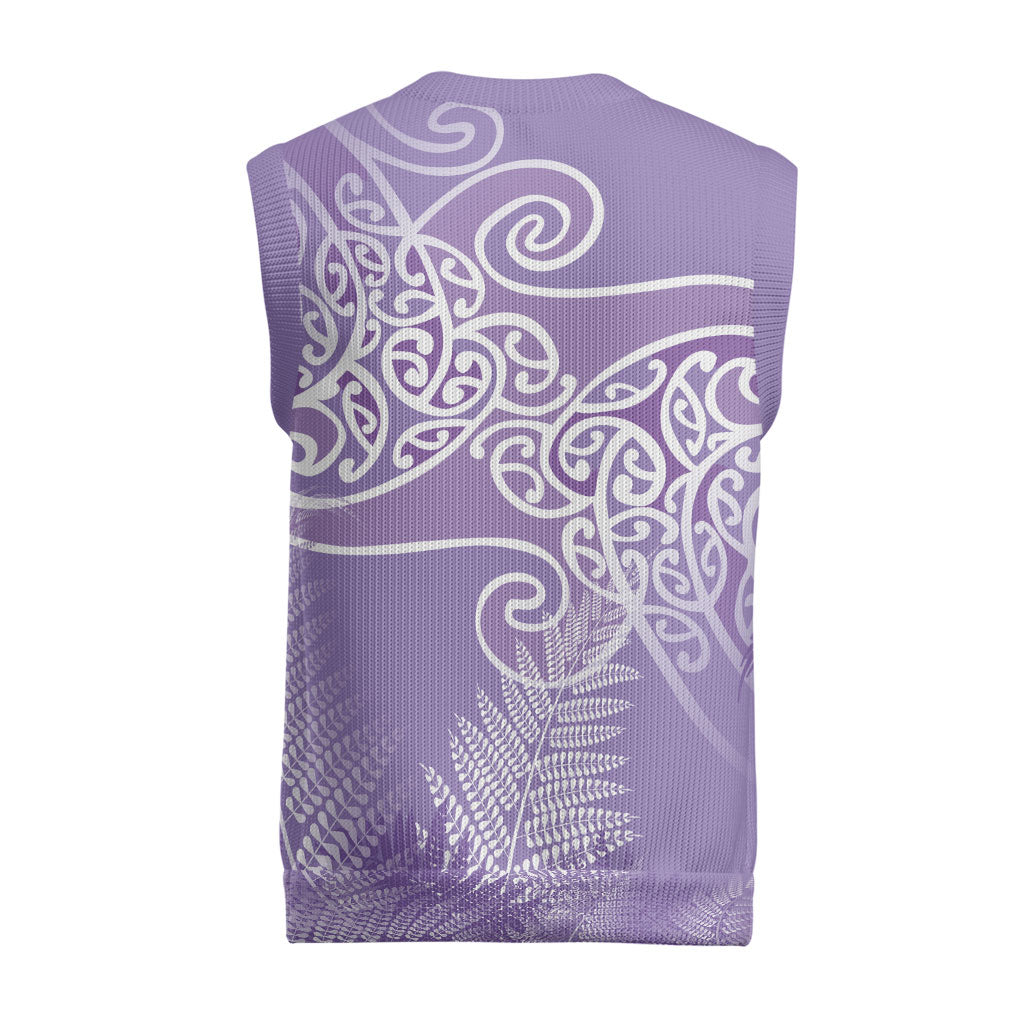 Aotearoa Maori Koru Curves Christmas Knitted V-Neck Vest Silver Ferns - Amethyst