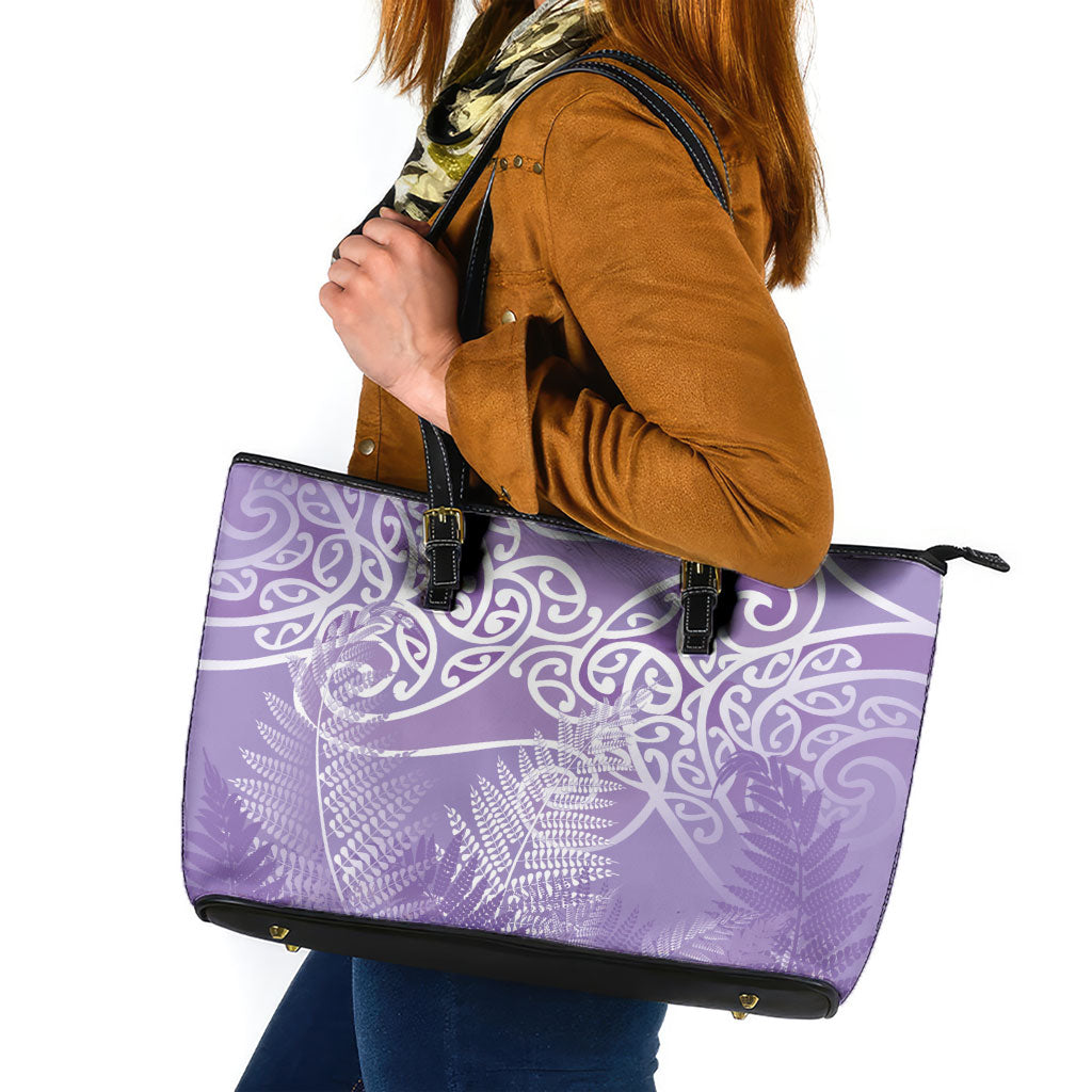 Aotearoa Maori Koru Curves Leather Tote Bag Silver Ferns - Amethyst