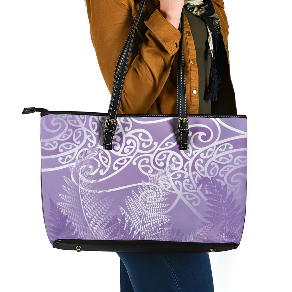 Aotearoa Maori Koru Curves Leather Tote Bag Silver Ferns - Amethyst