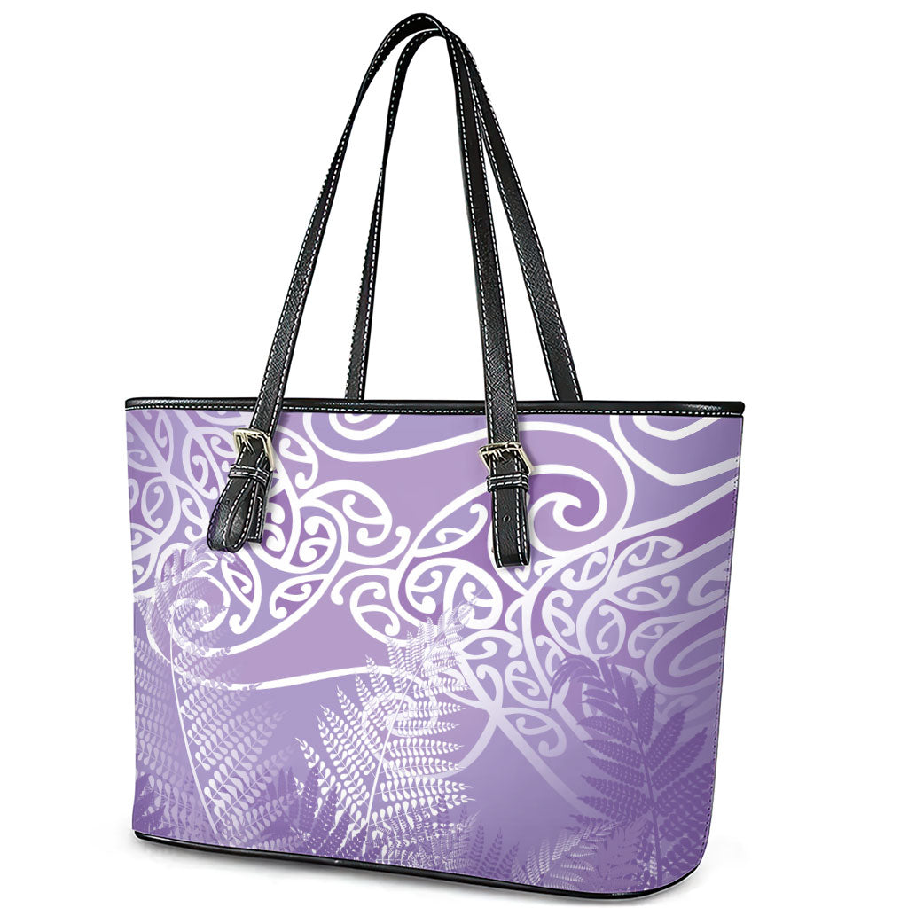 Aotearoa Maori Koru Curves Leather Tote Bag Silver Ferns - Amethyst