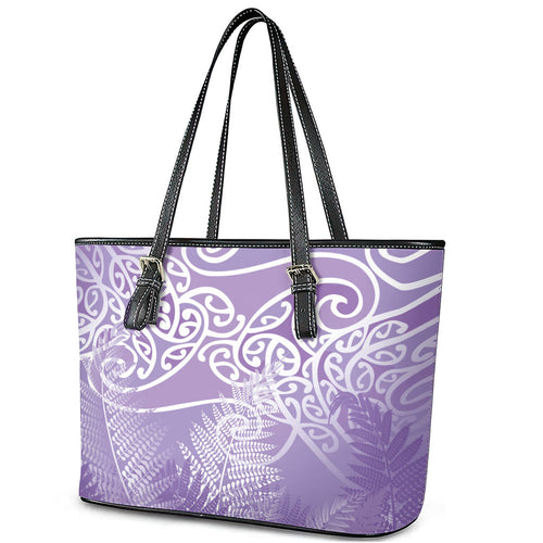 Aotearoa Maori Koru Curves Leather Tote Bag Silver Ferns - Amethyst