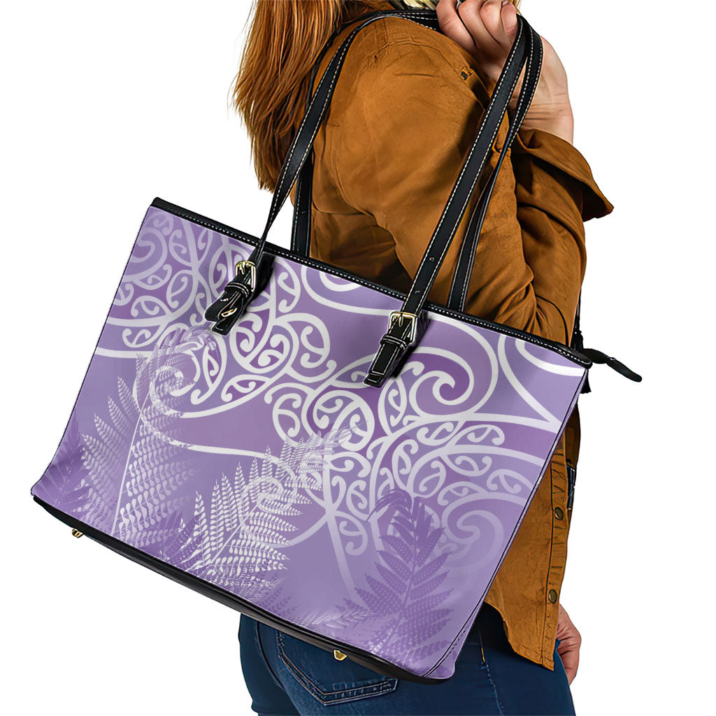 Aotearoa Maori Koru Curves Leather Tote Bag Silver Ferns - Amethyst