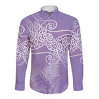 Aotearoa Maori Koru Curves Long Sleeve Button Shirt Silver Ferns - Amethyst
