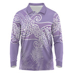 Aotearoa Maori Koru Curves Long Sleeve Polo Shirt Silver Ferns - Amethyst