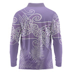 Aotearoa Maori Koru Curves Long Sleeve Polo Shirt Silver Ferns - Amethyst