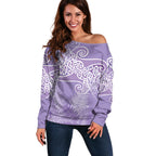 Aotearoa Maori Koru Curves Off Shoulder Sweater Silver Ferns - Amethyst