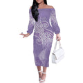 Aotearoa Maori Koru Curves Off The Shoulder Long Sleeve Dress Silver Ferns - Amethyst