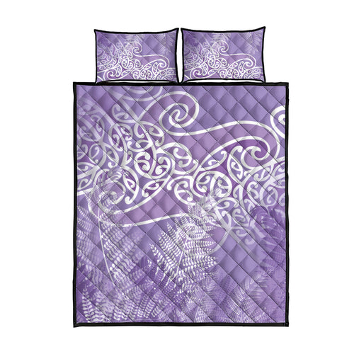 Aotearoa Maori Koru Curves Quilt Bed Set Silver Ferns - Amethyst