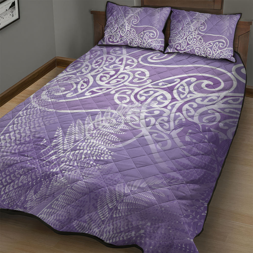 Aotearoa Maori Koru Curves Quilt Bed Set Silver Ferns - Amethyst