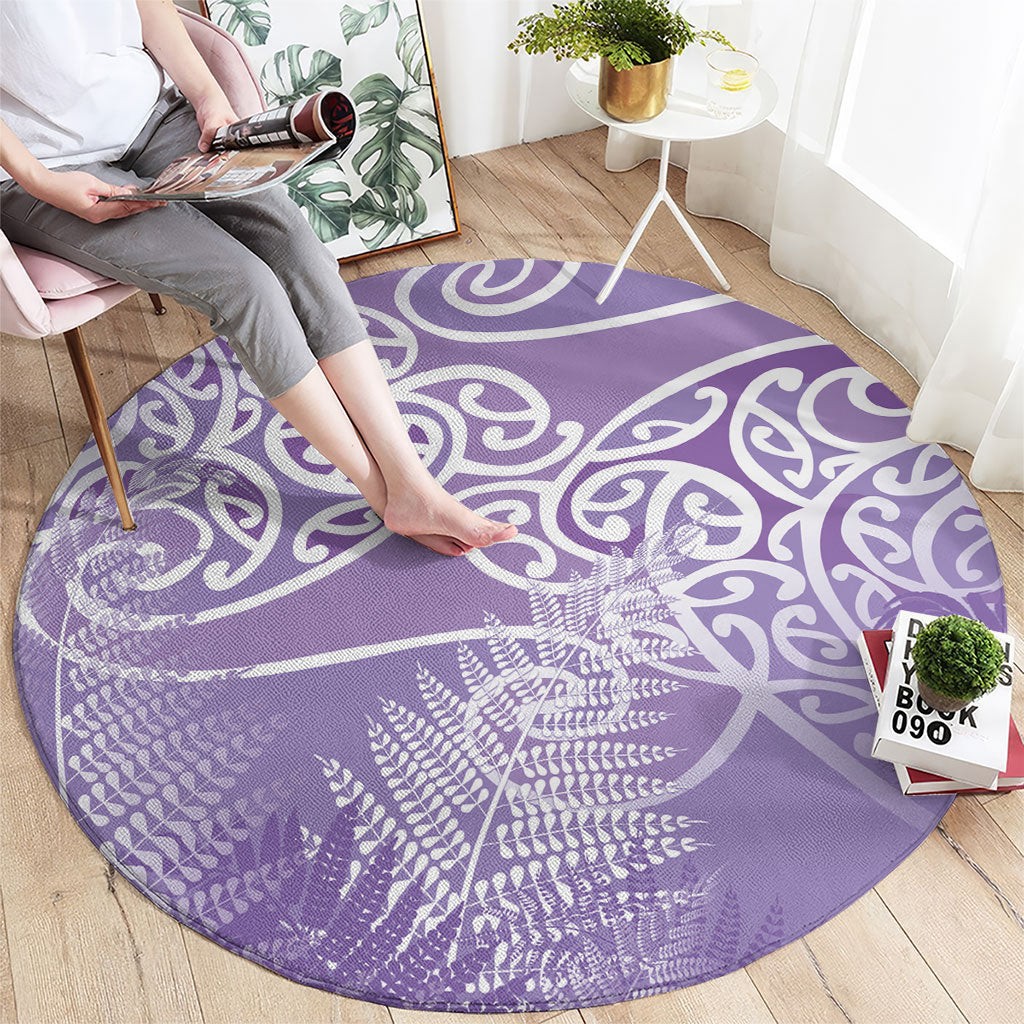 Aotearoa Maori Koru Curves Round Carpet Silver Ferns - Amethyst