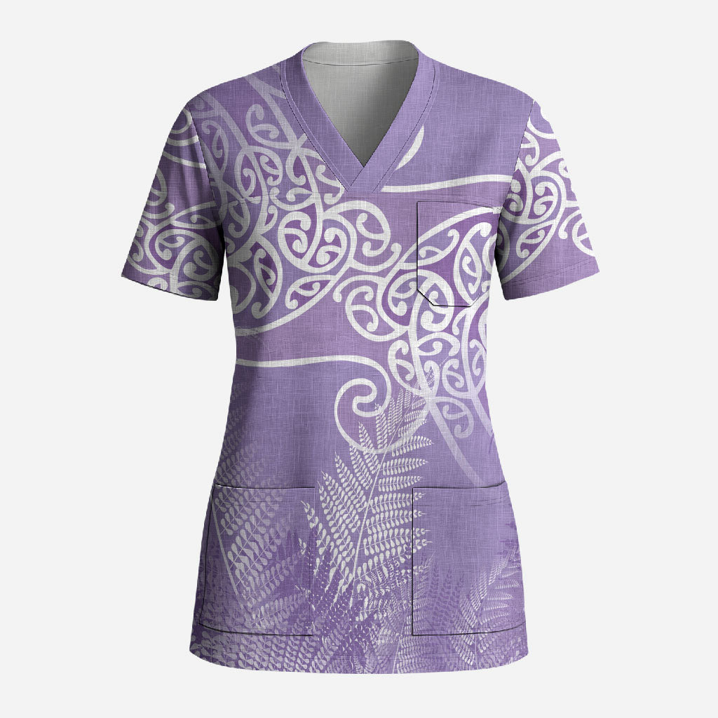 Aotearoa Maori Koru Curves Scrub Top Silver Ferns - Amethyst
