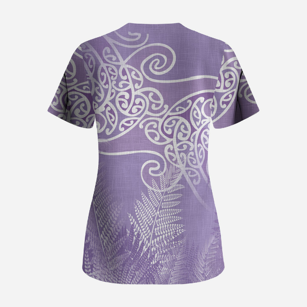 Aotearoa Maori Koru Curves Scrub Top Silver Ferns - Amethyst