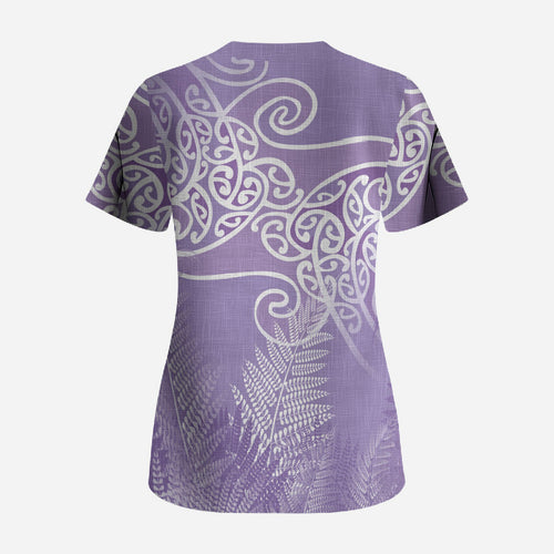 Aotearoa Maori Koru Curves Scrub Top Silver Ferns - Amethyst