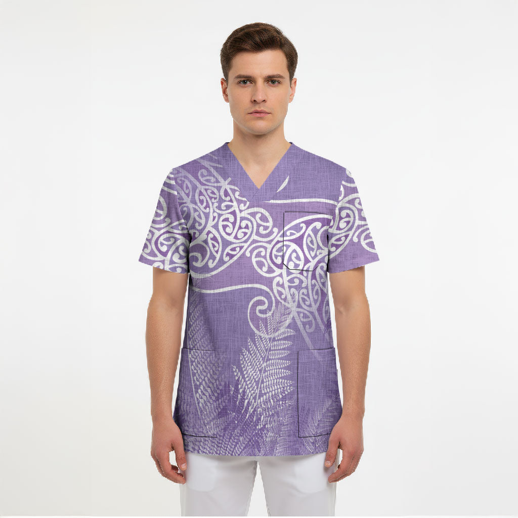 Aotearoa Maori Koru Curves Scrub Top Silver Ferns - Amethyst