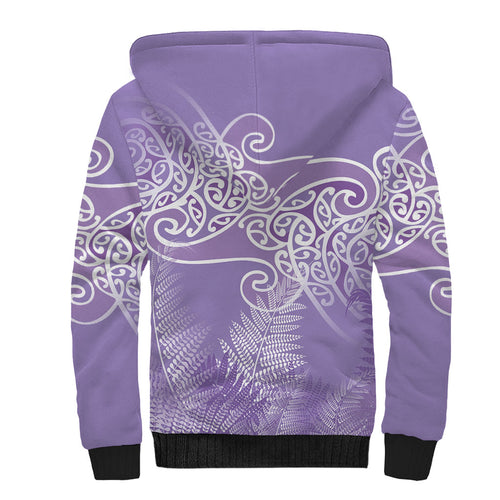 Aotearoa Maori Koru Curves Sherpa Hoodie Silver Ferns - Amethyst