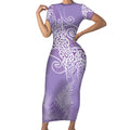 Aotearoa Maori Koru Curves Short Sleeve Bodycon Dress Silver Ferns - Amethyst