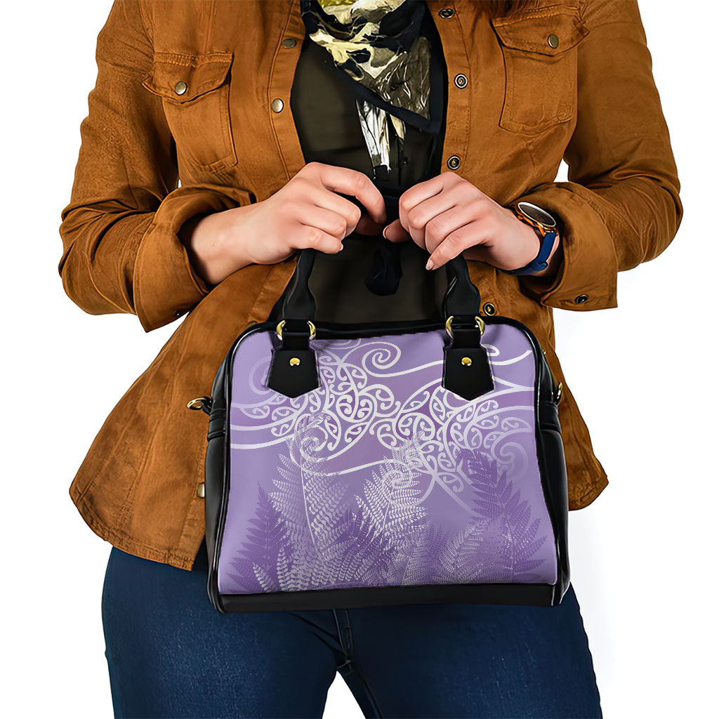 Aotearoa Maori Koru Curves Shoulder Handbag Silver Ferns - Amethyst