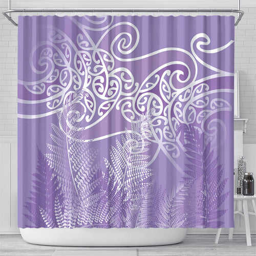 Aotearoa Maori Koru Curves Shower Curtain Silver Ferns - Amethyst