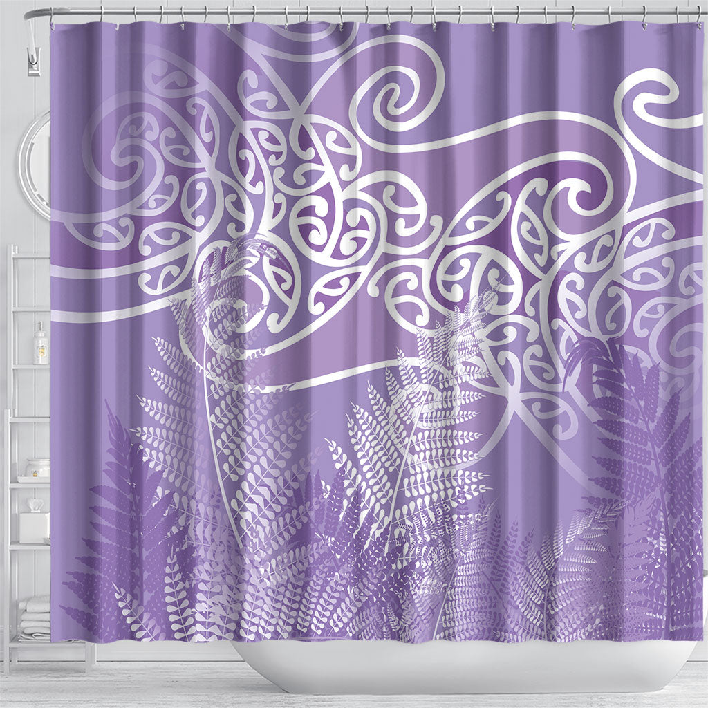 Aotearoa Maori Koru Curves Shower Curtain Silver Ferns - Amethyst