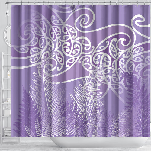 Aotearoa Maori Koru Curves Shower Curtain Silver Ferns - Amethyst