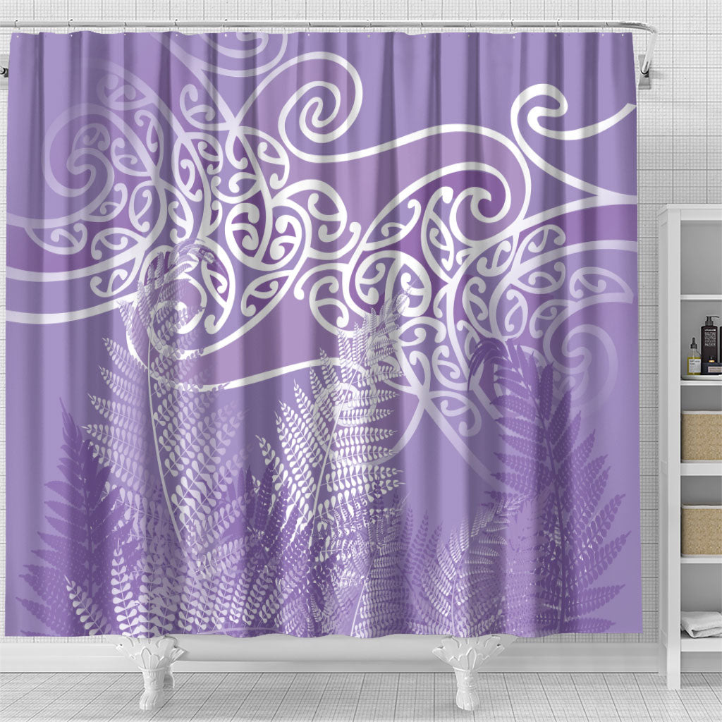Aotearoa Maori Koru Curves Shower Curtain Silver Ferns - Amethyst
