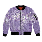 Aotearoa Maori Koru Curves Sleeve Zip Bomber Jacket Silver Ferns - Amethyst