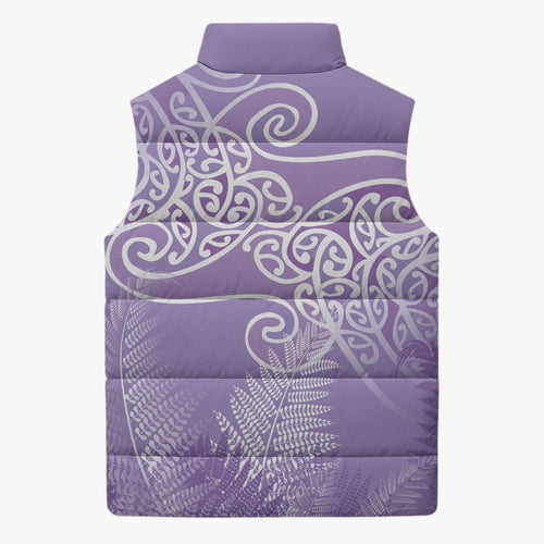 Aotearoa Maori Koru Curves Sleeveless Puffer Jacket Silver Ferns - Amethyst