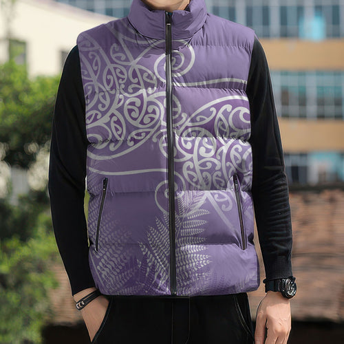 Aotearoa Maori Koru Curves Sleeveless Puffer Jacket Silver Ferns - Amethyst
