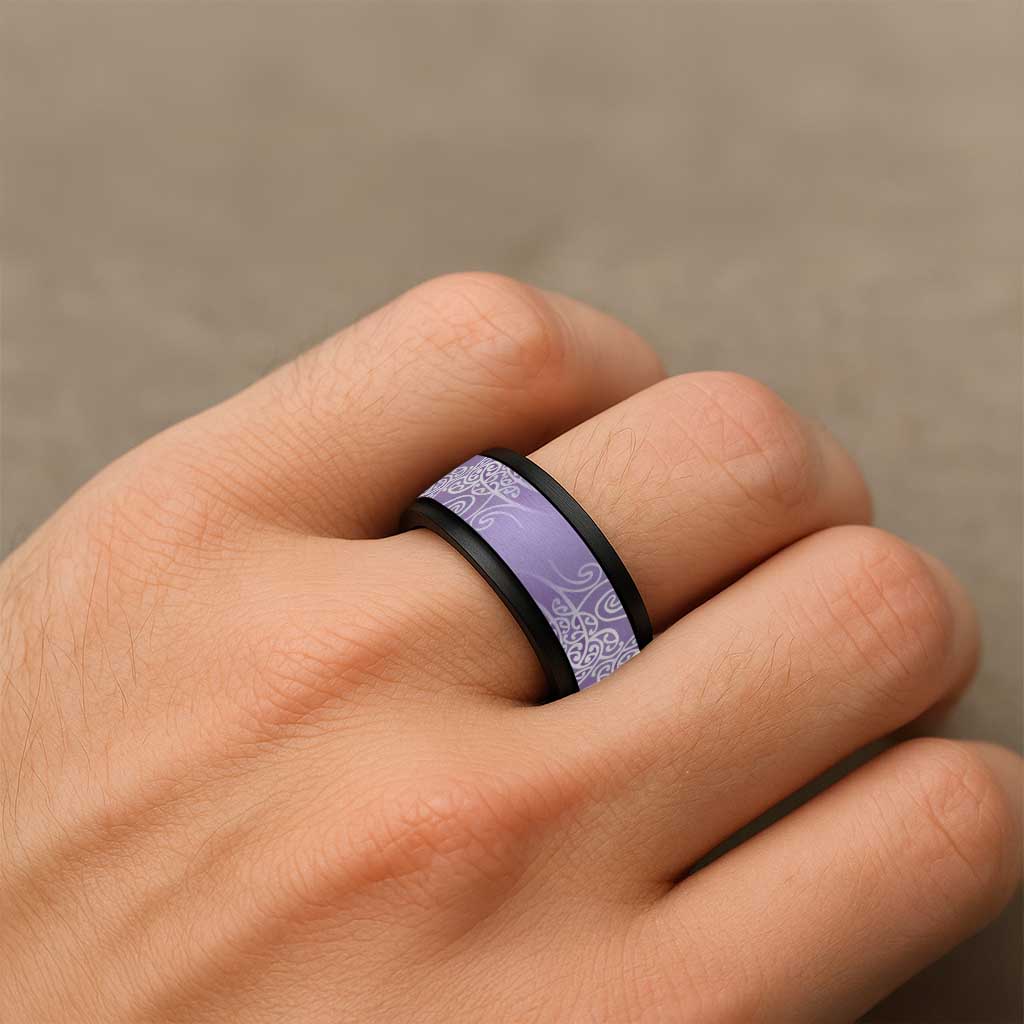 Aotearoa Maori Koru Curves Spinner Ring Silver Ferns - Amethyst