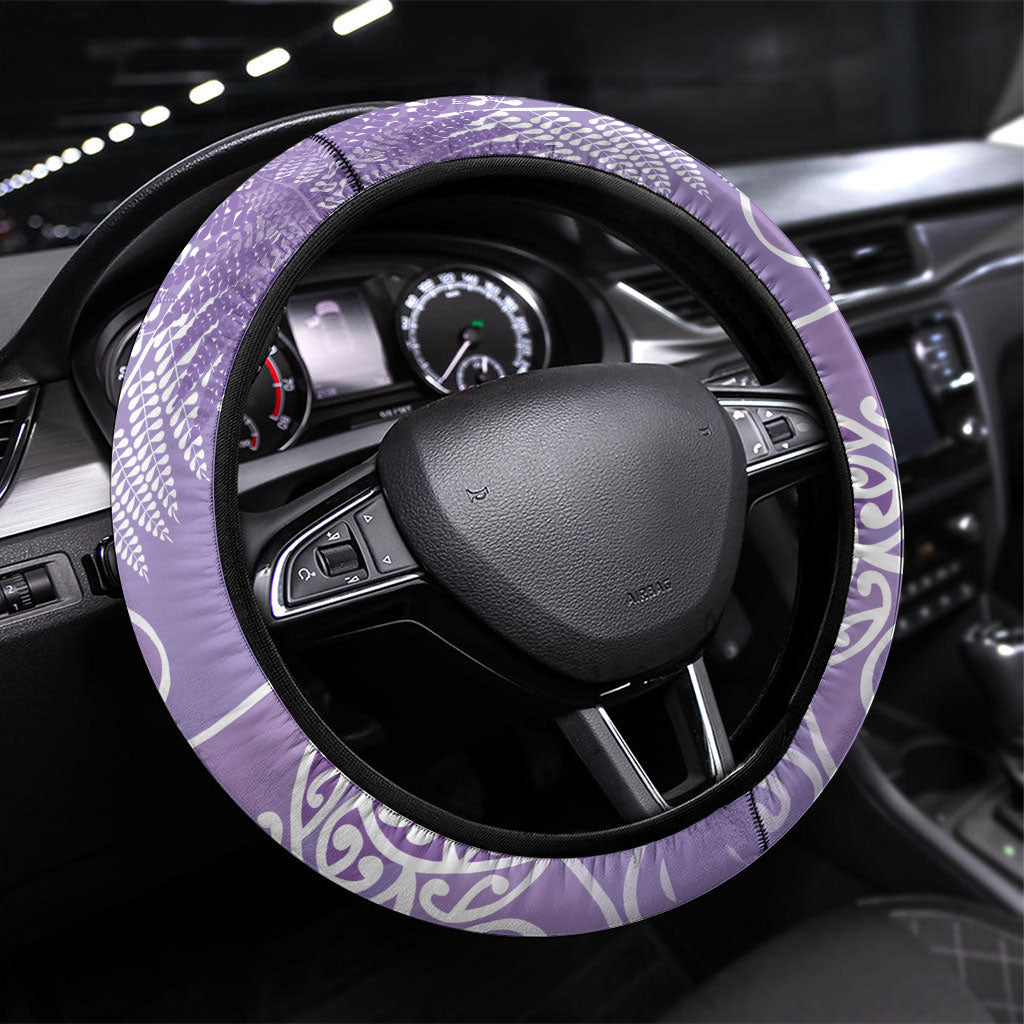 Aotearoa Maori Koru Curves Steering Wheel Cover Silver Ferns - Amethyst