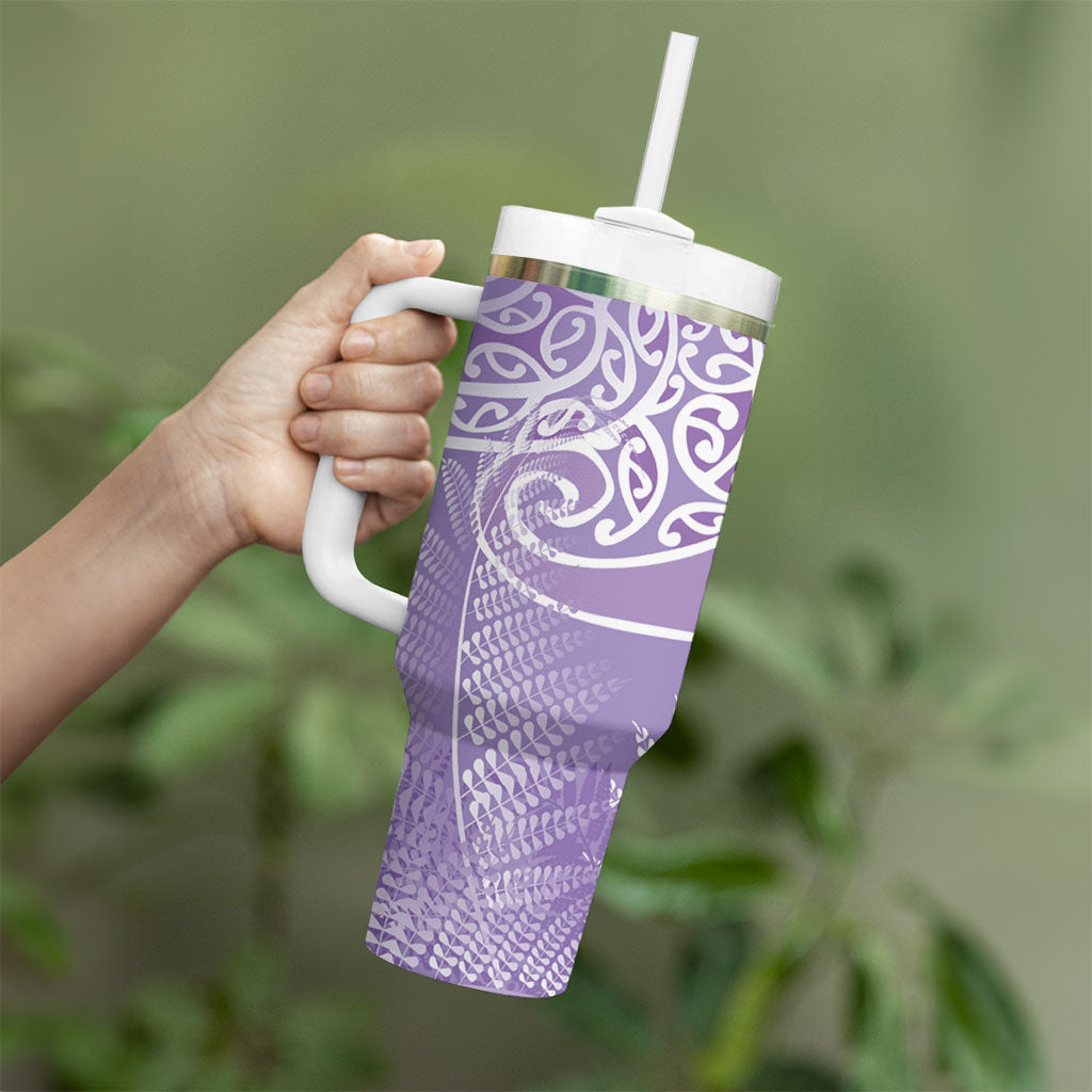 Aotearoa Maori Koru Curves Tumbler With Handle Silver Ferns - Amethyst