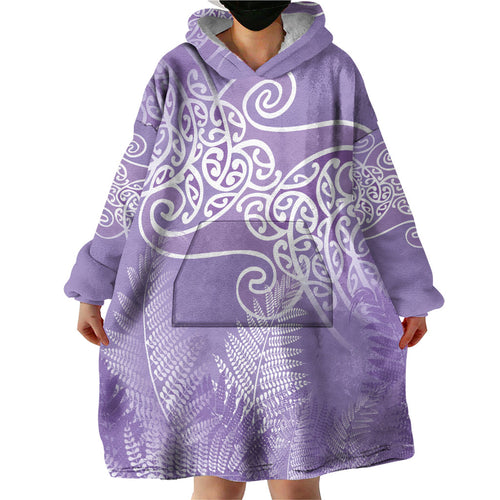 Aotearoa Maori Koru Curves Wearable Blanket Hoodie Silver Ferns - Amethyst