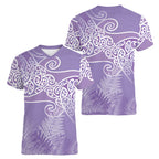 Aotearoa Maori Koru Curves Women V-Neck T-Shirt Silver Ferns - Amethyst