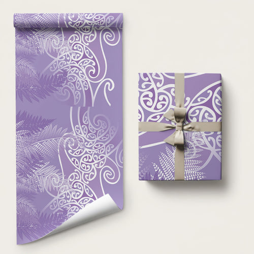 Aotearoa Maori Koru Curves Wrapping Paper Silver Ferns - Amethyst