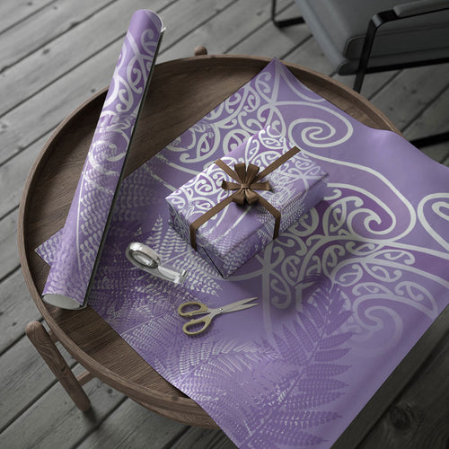 Aotearoa Maori Koru Curves Wrapping Paper Silver Ferns - Amethyst