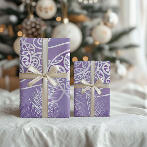 Aotearoa Maori Koru Curves Wrapping Paper Silver Ferns - Amethyst