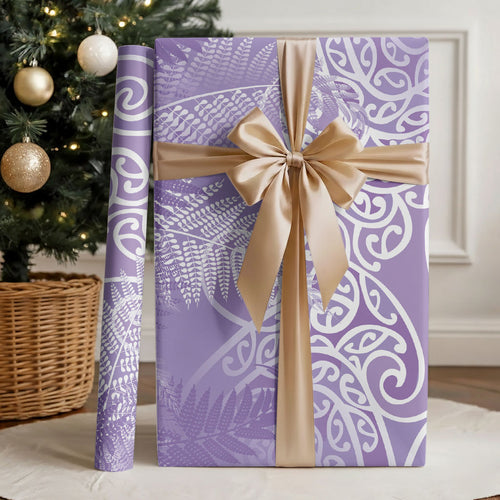 Aotearoa Maori Koru Curves Wrapping Paper Silver Ferns - Amethyst