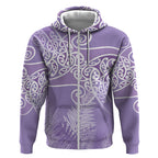 Aotearoa Maori Koru Curves Zip Hoodie Silver Ferns - Amethyst