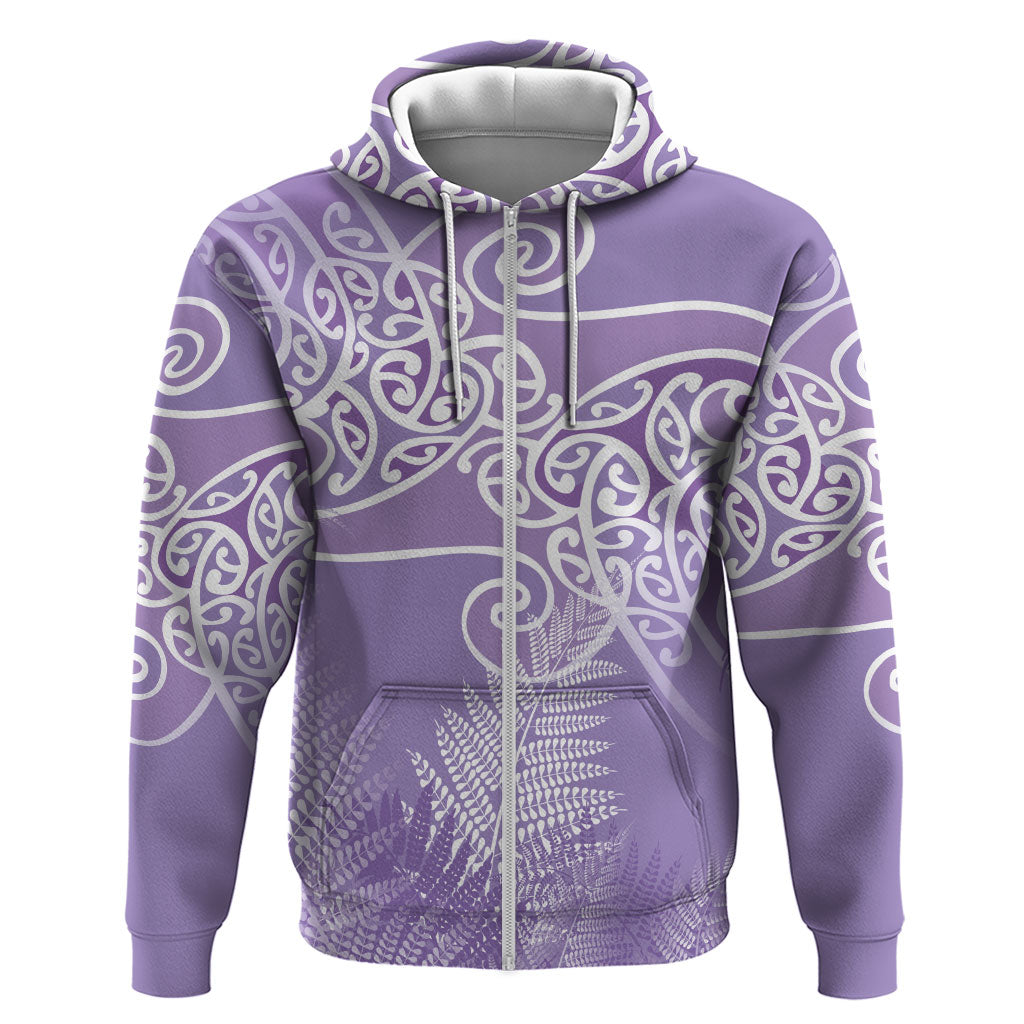 Aotearoa Maori Koru Curves Zip Hoodie Silver Ferns - Amethyst