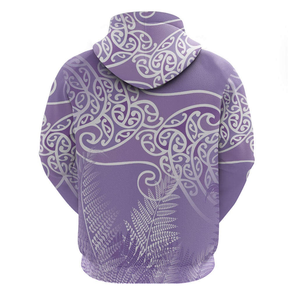 Aotearoa Maori Koru Curves Zip Hoodie Silver Ferns - Amethyst
