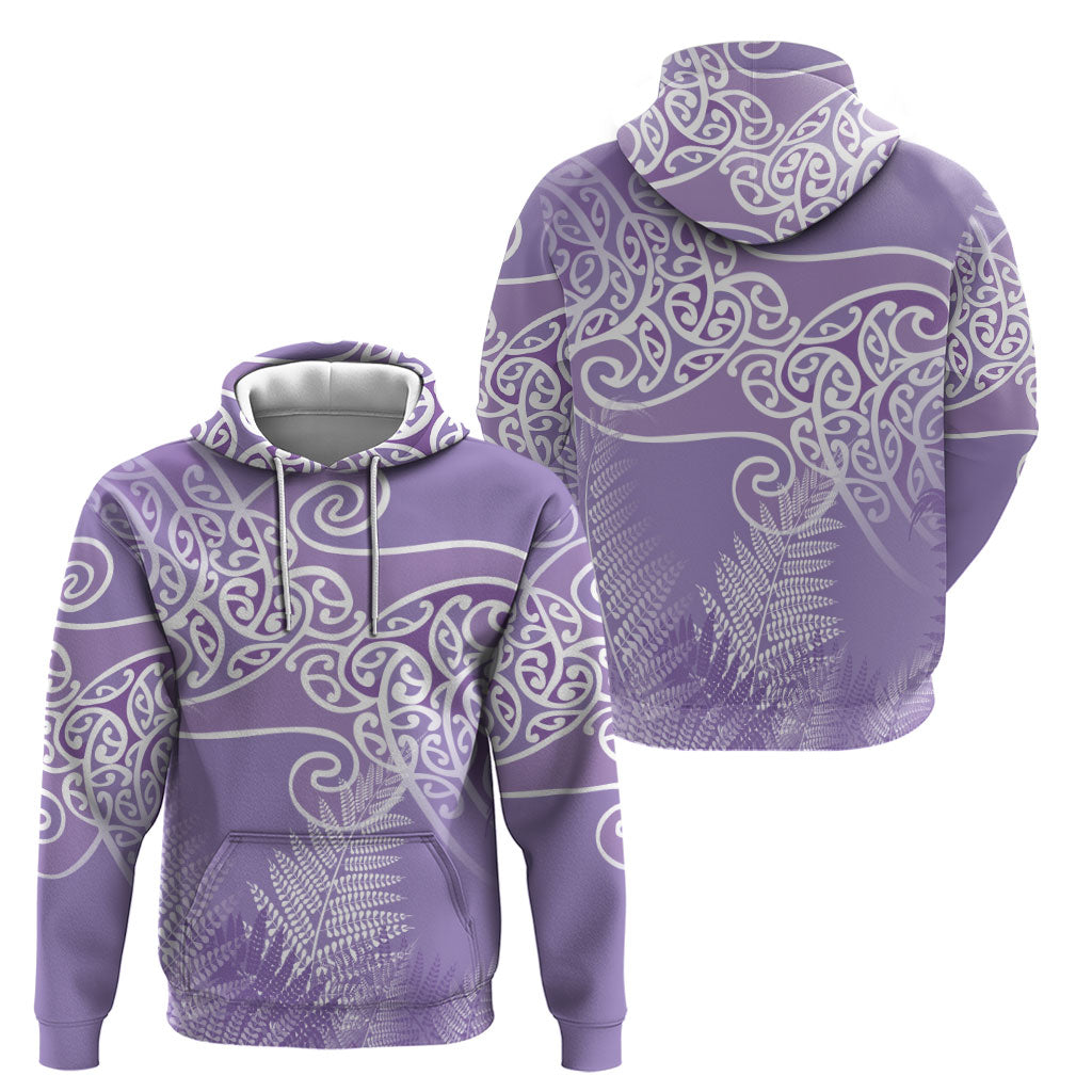 Aotearoa Maori Koru Curves Zip Hoodie Silver Ferns - Amethyst