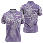 Aotearoa Maori Koru Curves Zipper Polo Shirt Silver Ferns - Amethyst