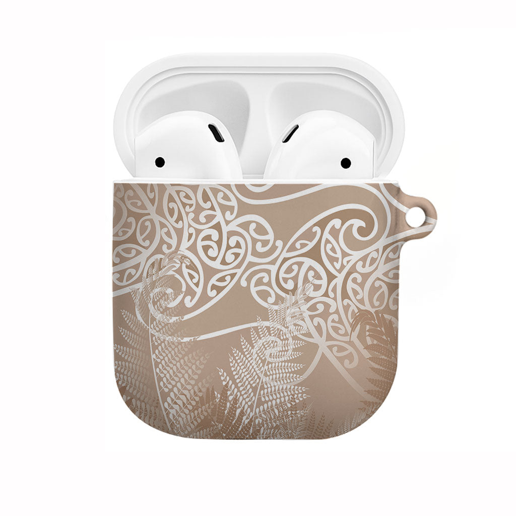 Aotearoa Maori Koru Curves AirPods Case Silver Ferns - Mocha