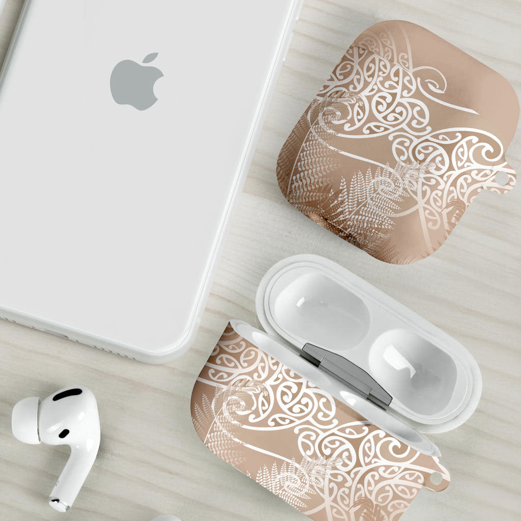 Aotearoa Maori Koru Curves AirPods Case Silver Ferns - Mocha