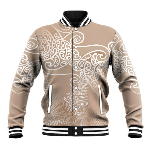 Aotearoa Maori Koru Curves Baseball Jacket Silver Ferns - Mocha