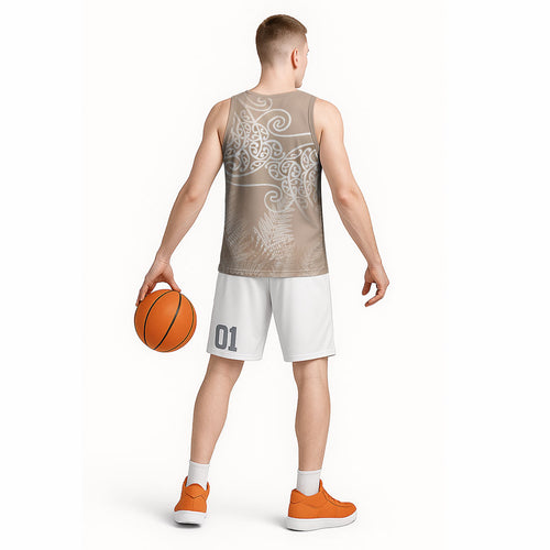 Aotearoa Maori Koru Curves Basketball Jersey Silver Ferns - Mocha